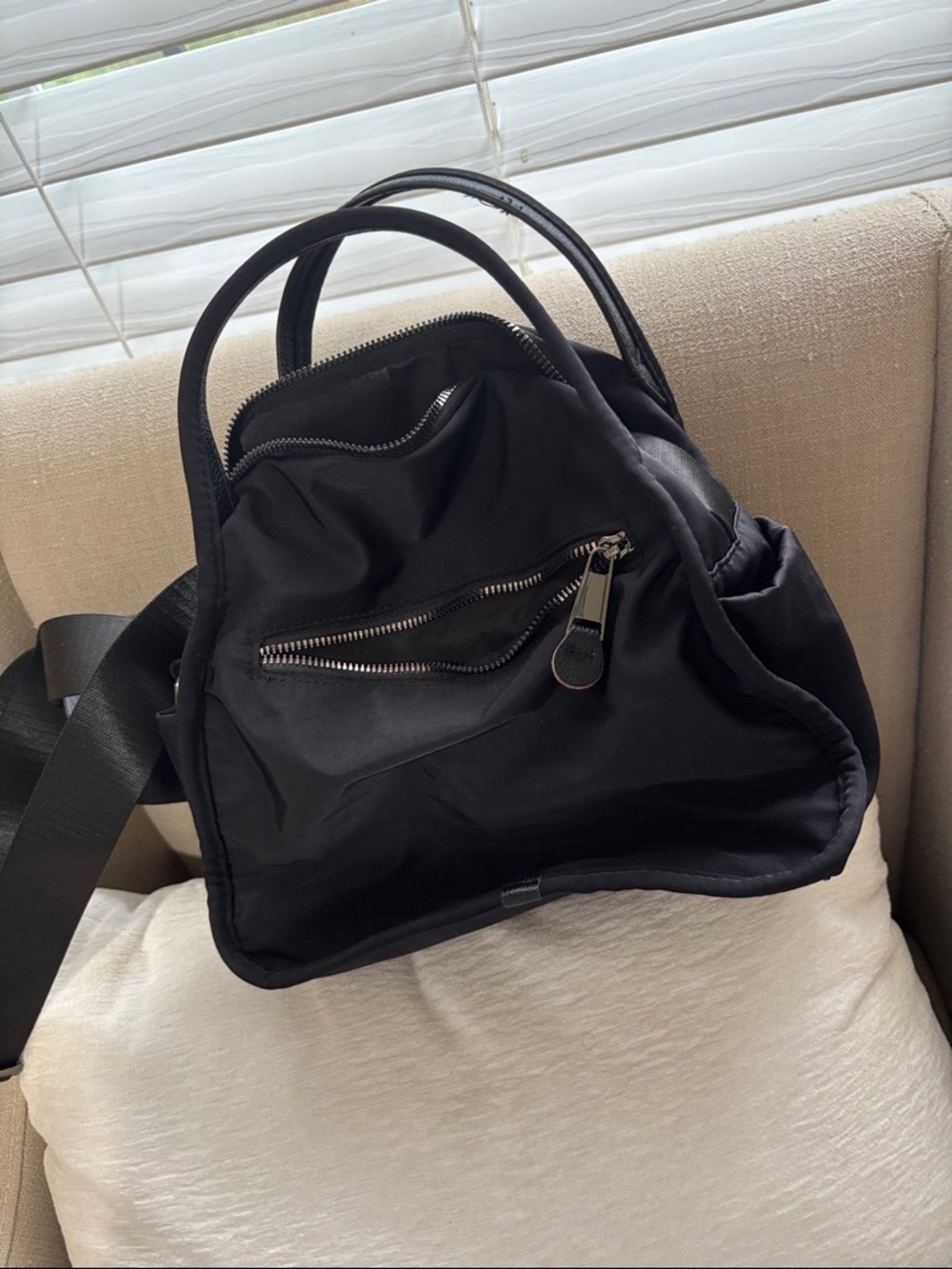 Black Nylon Zip-Front Backpack Tote